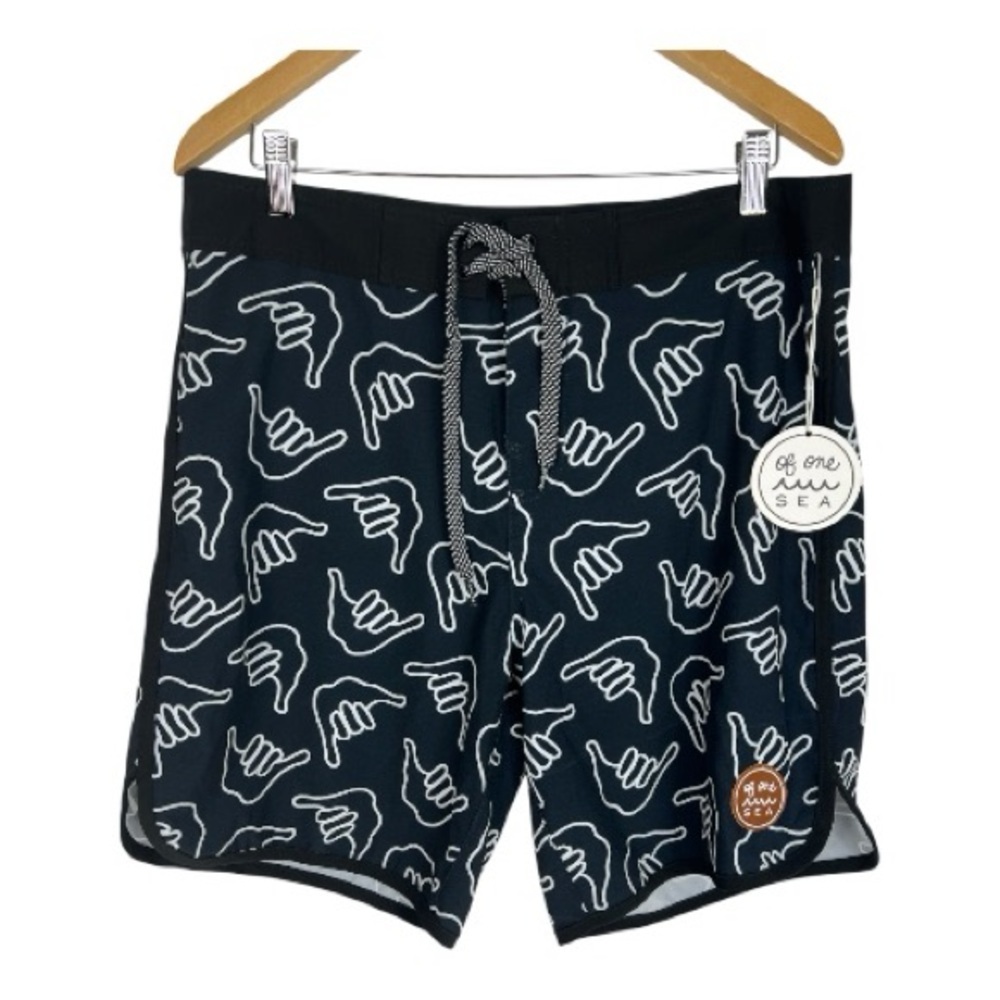 Of One Sea Sz 34 Boardshorts Retro Shaka Black Stretch NWT